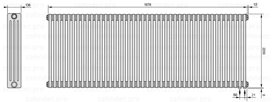 Схема (чертеж) Радиатор Zehnder Charleston 4220/43 №5510 Белый глянцевый RAL 9016
